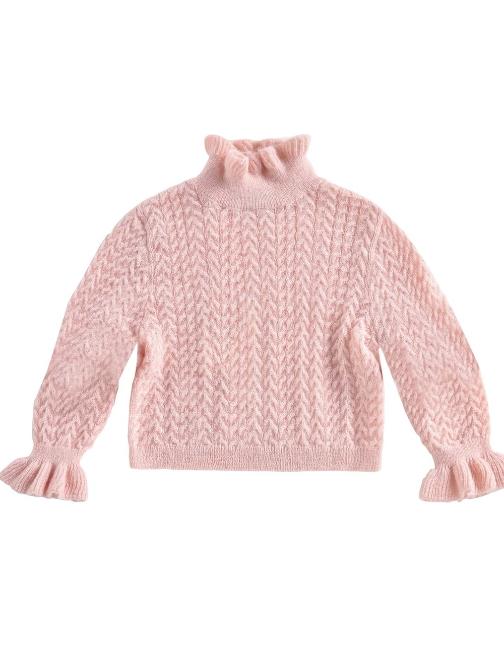 Girls' Light Pink Ruffle Mock Neck Cable Sweater